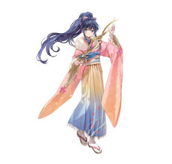 1girl absurdres black_hair blue_kimono braid braided_sidelock checkered_ribbon fire_emblem fire_emblem:_the_sacred_stones fire_emblem_heroes full_body gradient_clothes gradient_kimono hair_ribbon highres holding holding_sword holding_weapon japanese_clothes kanda_done kimono long_hair looking_at_viewer nintendo official_alternate_costume official_art pink_kimono ponytail ribbon sandals smile solo sword tabi tachi-e tana_(fire_emblem) tana_(new_year)_(fire_emblem) very_long_hair weapon