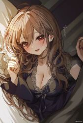 Rule 34 | 1girl, :d, absurdres, bed, bed sheet, black bow, black dress, black jacket, blush, bow, breasts, brown hair, cleavage, collarbone, dress, earrings, highres, jacket, jewelry, kudou (sikisiki0000), lace, lace-trimmed dress, lace trim, large breasts, looking at viewer, lying, nail polish, on bed, on side, open clothes, open jacket, open mouth, original, pillow, red eyes, red nails, smile, solo, sweat