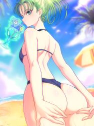 Rule 34 | 1girl, absurdres, alternate hairstyle, ass, bare shoulders, beach, beach umbrella, bikini, blue bikini, blue sky, blurry, blurry background, breasts, cloud, commentary, cup, day, drinking, drinking straw, flower, food, from behind, fruit, green eyes, green hair, hibiscus, highres, horizon, ice, ice cube, lime (fruit), lime slice, looking at viewer, looking back, ocean, one-punch man, opalis, outdoors, palm tree, shoulder blades, sky, small breasts, solo, swimsuit, tatsumaki, telekinesis, thighs, tree, umbrella, water, wedgie
