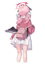 Rule 34 | 1girl, absurdres, alternate costume, backpack, bag, black wings, blue archive, blush, cardigan, cropped legs, dress, feathered wings, from behind, hair ribbon, halo, head wings, highres, kneepits, koharu (blue archive), looking at viewer, pink cardigan, pink hair, ribbon, simple background, solo, twintails, white background, white dress, wings, xi xeong