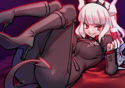 Rule 34 | 1girl, black footwear, black jacket, black pants, boots, breasts, demon tail, formal, full body, gloves, helltaker, high heels, horns, jacket, large breasts, long hair, looking at viewer, lucifer (helltaker), lying, mitake eil, mole, mole under eye, on back, pants, red eyes, red shirt, shirt, signature, smile, solo, suit, tail, white gloves, white hair