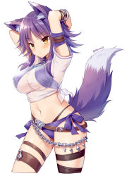 Rule 34 | 1girl, animal ears, arms up, bikini, blush, breasts, brown eyes, cleavage, closed mouth, commentary request, cropped legs, large breasts, long hair, looking at viewer, makoto (princess connect!), makoto (summer) (princess connect!), mauve, navel, parted bangs, princess connect!, purple bikini, purple hair, see-through, shirt, short sleeves, side-tie bikini bottom, simple background, solo, swimsuit, tail, tail raised, tied shirt, twitter username, v-shaped eyebrows, white background, white shirt, wolf ears, wolf girl, wolf tail
