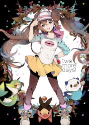 Rule 34 | 10s, 1girl, black pantyhose, blue eyes, brown hair, contrapposto, creatures (company), double bun, english text, game freak, gen 5 pokemon, hair bun, hand on own hip, holding, holding poke ball, lirica, long hair, nintendo, oshawott, pantyhose, poke ball, pokemon, pokemon (creature), pokemon bw2, raglan sleeves, rosa (pokemon), shoes, shorts, sleeves rolled up, sneakers, snivy, socks, standing, starter pokemon trio, tepig, twintails, very long hair, visor cap, watch, wristwatch
