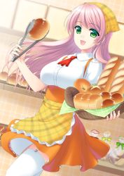 Rule 34 | 1girl, :d, apron, atsukan, bakery, bread, breasts, collared shirt, dress shirt, floating hair, food, frilled apron, frills, garter straps, green eyes, high-waist skirt, holding, indoors, large breasts, long hair, looking at viewer, miniskirt, open mouth, orange skirt, original, pink hair, plaid, plaid apron, pleated skirt, red neckwear, shirt, shop, skirt, smile, solo, standing, swept bangs, thighhighs, very long hair, waist apron, white shirt, white thighhighs, wing collar, yellow apron