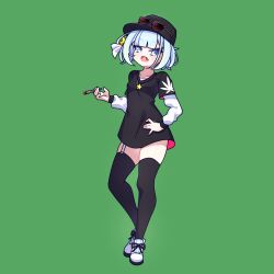 Rule 34 | 1girl, blue eyes, blue hair, cross (vgne4542), green background, highres, jelly hoshiumi, phase connect, ribbon, short hair, simple background, smoking, solo, sunglasses