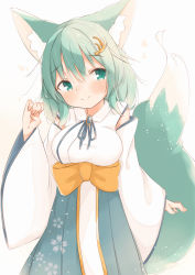 Rule 34 | 1girl, animal ear fluff, animal ears, bad id, bad pixiv id, blue hakama, blue ribbon, blush, borrowed character, breasts, brooch, cherry blossom print, closed mouth, commentary request, copyright request, detached sleeves, floral print, fox ears, fox girl, fox tail, green eyes, green hair, hair between eyes, hair ornament, hakama, hakama skirt, hand up, heart, highres, indie virtual youtuber, japanese clothes, jewelry, kimono, long hair, long sleeves, looking at viewer, medium breasts, minato yu (0514), mitomori tsubaki, neck ribbon, print hakama, ribbon, skirt, sleeveless, sleeveless kimono, smile, solo, tail, virtual youtuber, white background, white kimono, white sleeves, wide sleeves