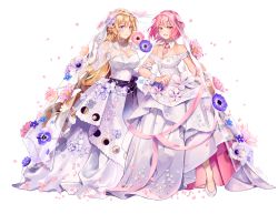 Rule 34 | 2girls, alternate costume, arato hisako, bare shoulders, blonde hair, blue flower, blush, breasts, bridal veil, bride, cleavage, collarbone, commentary request, dress, dress flower, elbow gloves, female focus, flower, full body, gloves, heikong, highres, large breasts, layered dress, long dress, long hair, looking at viewer, matching hair/eyes, medium breasts, multiple girls, nakiri erina, necktie, open mouth, petals, pink eyes, pink hair, see-through, shoes, shokugeki no souma, short hair, short sleeves, smile, strapless, strapless dress, veil, wedding dress, white background, white dress, white flower, white footwear, white gloves, wife and wife, wrist cuffs, yuri