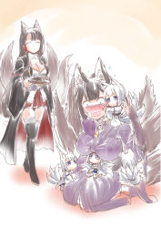 Rule 34 | 6+girls, aged down, akagi (azur lane), alternate costume, amagi (azur lane), animal ears, azur lane, black hair, blue eyes, blunt bangs, blush, boots, breasts, brown hair, chibi, cleavage, climbing, clone, commentary request, cup, flying sweatdrops, fox ears, fox tail, gloves, highres, japanese clothes, kaga (azur lane), kimono, large breasts, long hair, multiple girls, multiple tails, open mouth, plate, purple kimono, seiza, short hair, sitting, smile, steed (steed enterprise), tail, thigh boots, thighhighs, wavy mouth, white hair, wide sleeves
