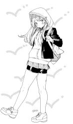 Rule 34 | 1girl, bike shorts, blush, closed mouth, commentary, full body, greyscale, guilty gear, hair ornament, hairclip, highres, hood, hoodie, long hair, looking at viewer, may (guilty gear), monochrome, murata tefu, shoes, skirt, skull hair ornament, sneakers, solo, white background