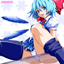 Rule 34 | 1girl, :d, against glass, ass, asymmetrical clothes, bad id, bad pixiv id, blue eyes, blue hair, bow, breasts, cameltoe, character name, cirno, hachimitsu candy, hair bow, hair ribbon, large bow, looking at viewer, matching hair/eyes, open mouth, panties, pantyshot, ribbon, sitting, skindentation, smile, solo, spread legs, striped clothes, striped panties, thighhighs, touhou, underwear, upskirt