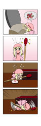 Rule 34 | &gt; &lt;, 1girl, 4koma, :d, absurdres, apron, blonde hair, bow, bowtie, chibi, clenched teeth, closed eyes, comic, faceplant, fairy, fairy wings, fire, flying sweatdrops, gradient background, hat, highres, lily white, long hair, matches, mini person, minigirl, open mouth, rakugaki-biyori, silent comic, smile, sparkle, star (symbol), sweatdrop, teeth, touhou, trembling, wings, xd