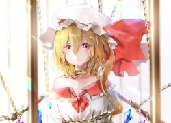 Rule 34 | 1girl, bad id, bad pixiv id, bare shoulders, blonde hair, bound, bow, chain, chained, collarbone, commentary, crying, crying with eyes open, crystal, flandre scarlet, frilled shirt collar, frills, hair between eyes, hat, hat bow, long hair, long sleeves, looking at viewer, mob cap, off-shoulder shirt, off shoulder, one side up, parted lips, red bow, red eyes, shironeko yuuki, shirt, solo, tears, tied up (nonsexual), touhou, upper body, white hat, white shirt, wings