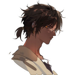 Rule 34 | 1boy, arknights, black hair, chinese commentary, closed mouth, commentary request, dark-skinned male, dark skin, earclip, earrings, expressionless, from side, glasses, jewelry, male focus, orange eyes, portrait, profile, short hair, short ponytail, solo, thorns (arknights), xiandao1213