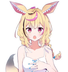 Rule 34 | 1girl, absurdres, ahoge, alternate hairstyle, animal ears, bare shoulders, black hair, blonde hair, blue nails, braid, breasts, cleavage, collarbone, dress, epilogue in the attic (hololive), facial mark, fox ears, fox girl, fox tail, hand on own chest, hand up, heart, heart-shaped pupils, highres, hololive, ichijo rei, light blush, looking at viewer, medium breasts, medium hair, multicolored hair, nail polish, official art, omaru polka, open mouth, pink eyes, pink hair, sideboob, sidelocks, simple background, sleeveless, sleeveless dress, solo, spaghetti strap, streaked hair, symbol-shaped pupils, tail, teeth, twin braids, twintails, upper body, upper teeth only, virtual youtuber, white background, white dress