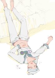 Rule 34 | 1boy, absurdres, anchor symbol, barefoot, bed, brown hair, closed eyes, dixie cup hat, drooling, hat, higashikata josuke (jojolion), highres, inanashil, jojo no kimyou na bouken, jojolion, legs up, male focus, midriff, military hat, on ground, open fly, open mouth, sailor, shirt rolled up, short hair, sleeping, solo, translated, upside-down, very short hair, white background