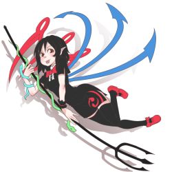 Rule 34 | 1girl, :p, asymmetrical wings, black dress, black hair, black thighhighs, bow, bowtie, brown eyes, dress, footwear bow, full body, holding, holding weapon, houjuu nue, kikoka (mizuumi), looking at viewer, mary janes, pointy ears, polearm, red bow, red bowtie, red footwear, shoes, short dress, short sleeves, slit pupils, snake, solo, thighhighs, tongue, tongue out, touhou, trident, weapon, white background, wings, wrist cuffs, zettai ryouiki