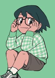 Rule 34 | 1boy, adjusting eyewear, alternate costume, black-framed eyewear, black eyes, brown shorts, child, closed mouth, commentary, creatures (company), elizabeth (tomas21), game freak, glasses, green background, green hair, green sweater, grey footwear, hands up, highres, long sleeves, looking at viewer, male focus, max (pokemon), nintendo, pokemon, pokemon xy, shoes, short hair, shorts, simple background, sitting, smile, sneakers, socks, solo, sweater, white socks