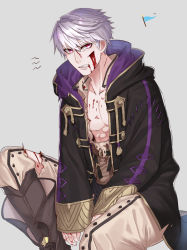 Rule 34 | 1boy, between legs, black coat, blood, blood on face, boots, brown footwear, bruise, bruise on face, clenched teeth, coat, fire emblem, fire emblem awakening, fire emblem heroes, grey background, grey pants, grima (fire emblem), hair between eyes, hand between legs, highres, indian style, injury, knee boots, long sleeves, looking at viewer, mai0124, male focus, nintendo, pants, robin (fire emblem), robin (male) (fire emblem), silver hair, simple background, sitting, solo, swept bangs, teeth, torn clothes, torn pants