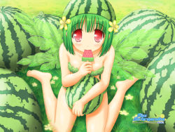 Rule 34 | 1girl, aoi akua, barefoot, blush, fairy, flower, food, food-themed clothes, food print, fruit, green hair, looking at viewer, miss surfersparadise, original, popsicle, pov, red eyes, short hair, sitting, solo, watermark, watermelon, watermelon bar, watermelon print, wings