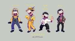 Rule 34 | 10s, 1boy, bulging eyes, chinese clothes, copyright name, cosplay, despicable me, eye pop, formal, goggles, goggles on head, grey background, hands on own hips, hashtag, heart, heart in mouth, hood, hoodie, kung fu hustle, male focus, matsuno jyushimatsu, minion (despicable me), minion (despicable me) (cosplay), minions (movie), mr bean, mr bean (character), mr bean (character) (cosplay), necktie, osomatsu-kun, osomatsu-san, overalls, red necktie, simple background, sing (kung fu hustle), sing (kung fu hustle) (cosplay), sleeves past wrists, smile, stanley ipkiss, stanley ipkiss (cosplay), suit, tangzhuang, the mask, the mask (character), tsuyuxxx