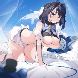 Rule 34 | 1girl, aircraft, airplane, alarm clock, arm under breasts, bed, black hair, blue bow, blue eyes, blue ribbon, blue sky, blush, boros (ouro kronii), bow, bow earrings, breast hold, breasts, chain, clock, closed mouth, constellation, earrings, hair intakes, hat, highres, hololive, hololive english, jewelry, koahri, kronie (ouro kronii), large breasts, looking at viewer, moon, navel, on bed, ouro kronii, pillow, ribbon, short hair, sky, smile, solo, top hat, virtual youtuber