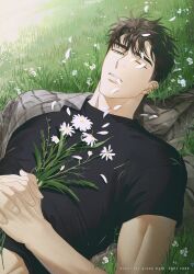 Rule 34 | 1boy, artist name, black shirt, brown hair, copyright name, daisy, flannel, flower, green eyes, holding, holding flower, jaxx s2, looking at viewer, matthew raynor, muscular, muscular male, on grass, one eye closed, petals, shirt, solo, under the greenlight, white flower