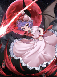 Rule 34 | 1girl, ascot, bat (animal), bat wings, black pantyhose, blood, blue hair, brooch, clenched hand, commentary request, energy weapon, expressionless, floating, frilled skirt, frills, full moon, hat, hat ribbon, highres, jewelry, leaning forward, leg ribbon, looking at viewer, mob cap, moon, night, outdoors, pantyhose, partial commentary, pink hat, pink shirt, pink skirt, pointy ears, puffy short sleeves, puffy sleeves, red ascot, red eyes, red footwear, red moon, remilia scarlet, remitei03, reverse grip, ribbon, sash, shirt, short hair, short sleeves, skirt, sky, solo, spear the gungnir, spread legs, star (sky), starry sky, touhou, wings, wrist cuffs