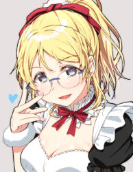 Rule 34 | 1girl, adjusting eyewear, ayase eli, blonde hair, blue eyes, blue heart, breasts, cleavage, commentary request, earrings, glasses, grey background, heart, jewelry, large breasts, long hair, love live!, love live! school idol project, maid, nail polish, ponytail, portrait, rimless eyewear, shiny skin, sidelocks, skull573, solo