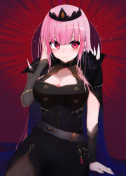 Rule 34 | 1girl, absurdres, belt, black cape, black choker, black dress, black legwear, blue cape, blunt bangs, blush, breasts, cape, choker, cleavage, detached sleeves, dress, highres, hololive, hololive english, large breasts, long dress, long hair, looking at viewer, loose belt, mori calliope, pink hair, red eyes, shoulder spikes, side slit, solo, spikes, tiara, two-tone cape, virtual youtuber, wanghua