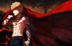 Rule 34 | 10s, 1boy, abs, arm at side, arm tattoo, bakugou katsuki, belt, belt buckle, blonde hair, boku no hero academia, buckle, cape, unworn cape, clenched teeth, cowboy shot, denim, earrings, fur trim, glint, hand up, jeans, jewelry, looking at viewer, male focus, muscular, navel, necklace, open mouth, pants, red cape, red eyes, shaded face, sheath, sheathed, topless male, smoke, solo, spiked hair, standing, tattoo, teeth, weapon, yukibi (ykb)
