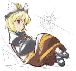Rule 34 | 1girl, blonde hair, bow, brown dress, crossed arms, dress, fun bo, hair bow, kurodani yamame, long sleeves, mary janes, ponytail, red eyes, shirt, shoes, silk, solo, spider web, touhou