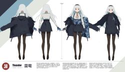 Rule 34 | 1girl, back, black footwear, black gloves, black hairband, black pantyhose, blue hair, blue jacket, blue skirt, breasts, camouflage, camouflage jacket, character name, chinese text, commentary request, commentary typo, concept art, expressionless, fake wings, feathered wings, full body, girls&#039; frontline, gloves, hair between eyes, hairband, height, highres, jacket, long hair, long sleeves, looking at viewer, mary janes, medium breasts, multicolored clothes, multicolored jacket, multiple views, neck ribbon, nin (lion), off shoulder, official art, open clothes, open jacket, pantyhose, red eyes, red ribbon, ribbon, scar, scar on neck, shirt, shoes, simple background, skirt, solo, standing, straight-on, thigh strap, thunder (girls&#039; frontline), translation request, two-tone gloves, two-tone jacket, white background, white shirt, wings