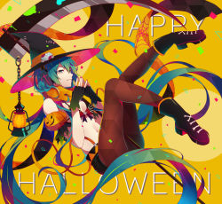 Rule 34 | 1girl, absurdly long hair, chain, fingerless gloves, from side, gloves, green eyes, green hair, halloween, happy halloween, hat, hatsune miku, highres, lantern, long hair, looking at viewer, matching hair/eyes, navel, ng (chaoschyan), pantyhose, scythe, solo, very long hair, vocaloid, witch hat