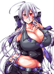 Rule 34 | 1girl, absurdres, ahoge, bare shoulders, breasts, cleavage, highres, huge breasts, long hair, looking at viewer, midriff, misakana, nail polish, navel, necktie, red eyes, ribbon, silver hair, smile, solo, stomach, very long hair, vocaloid, white background, yowane haku