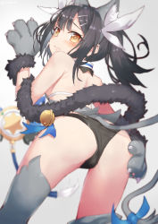 Rule 34 | 1girl, animal ear fluff, animal ears, animal hands, ass, back, bare shoulders, black hair, black panties, blush, brown eyes, cat ears, cat tail, closed mouth, commentary request, fate/kaleid liner prisma illya, fate (series), from behind, gloves, grey shirt, grey thighhighs, hair between eyes, hair ornament, hairclip, highres, jonsun, long hair, looking at viewer, looking back, magical sapphire, miyu edelfelt, panties, paw gloves, ribbon, shirt, simple background, sleeveless, solo, tail, thighhighs, twintails, twitter username, underwear, wand, wavy mouth, white ribbon