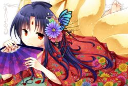 Rule 34 | 1girl, animal ears, aogiri mikan, bad id, bad pixiv id, barefoot, bug, butterfly, hand fan, female focus, flower, folding fan, fox ears, fox tail, hair flower, hair ornament, bug, japanese clothes, light smile, lying, multiple tails, nail polish, on stomach, orange eyes, original, petals, purple hair, solo, tail, white background