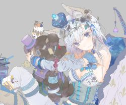 Rule 34 | 1girl, animal ears, arm warmers, armband, armlet, bare shoulders, blue bow, blue eyes, blue ribbon, bow, breasts, buttons, cake, cat ears, choker, cleavage, corset, crane (machine), crown, cup, drink, drinking straw, fleur-de-lis, flower, food, fork, fruit, fur trim, fuyuno haruaki, grey background, grey rose, hair flower, hair ornament, hair ribbon, hairband, hat, holding, jewelry, leaf, long hair, lots of jewelry, md5 mismatch, mini crown, open mouth, original, price tag, purple ribbon, red flower, red rose, resized, ribbon, rose, silver hair, simple background, solo, strawberry, stuffed animal, stuffed toy, teddy bear, top hat, wrecking ball