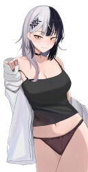Rule 34 | 1girl, absurdres, bare shoulders, black camisole, black choker, black hair, black nails, black panties, blunt bangs, breasts, camisole, choker, collarbone, earrings, grey hair, hand up, highres, hololive, hololive english, jewelry, ku roiko, lace, lace choker, looking at viewer, midriff, multicolored hair, nail polish, navel, panties, shiori novella, simple background, solo, split-color hair, stud earrings, thighs, underwear, virtual youtuber, white background, yellow eyes