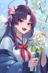 Rule 34 | 1girl, absurdres, blue archive, blue nails, blush, day, fingernails, flower, hair flower, hair ornament, halo, haori, highres, holding, holding flower, japanese clothes, kokukyukeo, long hair, long sleeves, nail polish, neckerchief, open mouth, outdoors, parted lips, pink flower, purple eyes, purple hair, purple halo, red neckerchief, sailor collar, school uniform, serafuku, smile, solo, upper body, white flower, white sailor collar, wide sleeves, yukari (blue archive)