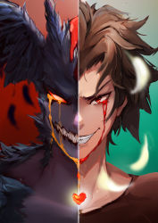 Rule 34 | 1274433817, 1boy, absurdres, black feathers, blood, bloody tears, brown hair, devilman, devilman (character), devilman crybaby, dual persona, feathers, fudou akira, grin, heart, highres, looking at viewer, red eyes, sharp teeth, smile, teeth, white feathers