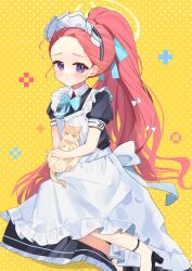 Rule 34 | 1girl, absurdres, animal, apron, black dress, black footwear, blue archive, blue bow, blush, bow, cat, collared dress, dress, forehead, frilled apron, frills, hair bow, halo, high heels, highres, long hair, looking at viewer, maid, maid apron, maid headdress, official alternate costume, parted lips, polka dot, polka dot background, ponytail, puffy short sleeves, puffy sleeves, purple eyes, red hair, shishiodoshi, shoes, short sleeves, simple background, solo, very long hair, wavy mouth, white apron, white bow, yellow background, yuzu (blue archive), yuzu (maid) (blue archive)