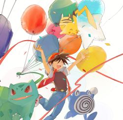 Rule 34 | 1boy, :d, arms up, backwards hat, balloon, belt, belt buckle, blue pants, brown belt, buckle, bulbasaur, commentary request, confetti, creatures (company), closed eyes, game freak, gen 1 pokemon, happy, hat, highres, jacket, male focus, nintendo, open clothes, open jacket, open mouth, pants, pikachu, plant, pokemon, pokemon (creature), pokemon adventures, poliwhirl, red (pokemon), red headwear, sakanobo (sushi1021), shirt, shoes, short hair, smile, spiked hair, teeth, tongue, upper teeth only, vines