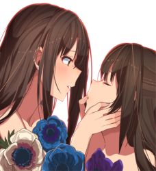 Rule 34 | 10s, 2girls, bare shoulders, blush, brown hair, earrings, erere, closed eyes, female focus, finger to another&#039;s mouth, flower, green eyes, hand on another&#039;s face, idolmaster, idolmaster cinderella girls, imminent kiss, jewelry, long hair, looking at another, multiple girls, neck, nude, open mouth, shibuya rin, shimamura uzuki, upper body, yuri