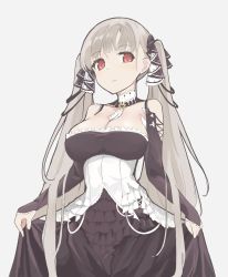Rule 34 | 1girl, absurdres, azur lane, bare shoulders, between breasts, black dress, black ribbon, breasts, cleavage, detached collar, dress, formidable (azur lane), frilled dress, frills, grey hair, hair ribbon, highres, jewelry, large breasts, long hair, long sleeves, looking at viewer, onkyi, red eyes, ribbon, skirt hold, solo, standing, twintails, two-tone dress, very long hair, white dress