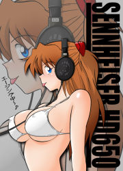 Rule 34 | 1girl, :p, alternate breast size, between breasts, bikini, blue eyes, blush, breasts, brown hair, cleavage, covered erect nipples, female focus, from side, grey background, hair ornament, headphones, hetano yokoduki, large breasts, long hair, looking at viewer, musical note, neon genesis evangelion, product placement, profile, quaver, red hair, sideboob, simple background, solo, souryuu asuka langley, swimsuit, tongue, tongue out, translation request, two side up, underboob, upper body, white bikini, zoom layer