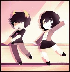 Rule 34 | 1boy, 1girl, artist name, ballet, black hair, colored skin, grey skin, hiveswap, horns, joey claire, mirror, pale skin, pants, shirt, shoes, skirt, socks, source request, sweater, t-shirt, xefros tritoh, xtaigakax