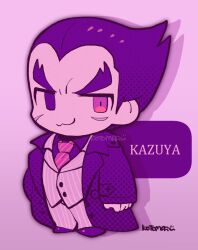 Rule 34 | 1boy, :3, black eyes, black hair, coat, collared shirt, diagonal-striped clothes, diagonal-striped necktie, facial scar, full body, jacket, kotorai, limited palette, long sleeves, male focus, mishima kazuya, necktie, no nose, pants, pink background, pink jacket, pink pants, purple coat, purple shirt, purple theme, red eyes, red necktie, scar, scar on cheek, scar on face, shirt, shoes, short hair, signature, solo, striped clothes, tekken, thick eyebrows, v-shaped eyebrows