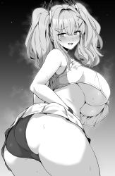 Rule 34 | 1girl, absurdres, ass, azur lane, blush, breasts, bremerton (azur lane), bremerton (scorching-hot training) (azur lane), cowboy shot, crop top, from behind, gradient background, greyscale, hair between eyes, hair ornament, hairclip, highres, hotate-chan, looking at viewer, looking back, monochrome, no bra, official alternate costume, open mouth, panties, raised eyebrows, simple background, skirt, sleeveless, solo, steaming body, sweat, thick thighs, thighs, twintails, twisted torso, underboob, underwear, upshirt, x hair ornament