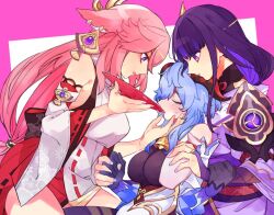 Rule 34 | 3girls, animal ears, bare shoulders, bell, blue hair, blunt bangs, blush, closed eyes, earrings, feeding, from side, ganyu (genshin impact), genshin impact, goat horns, grabbing, grabbing another&#039;s breast, hair between eyes, hair ornament, hand on another&#039;s chin, hand up, holding hands, horns, japanese clothes, jewelry, leaning back, leaning forward, light blue hair, long hair, looking down, mitsudomoe (shape), multiple girls, neck bell, pendant, pink hair, pink nails, purple eyes, purple hair, purple nails, raiden shogun, sitting, sweatdrop, tomoe (symbol), torigara cha, yae miko, yuri