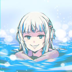 Rule 34 | 1girl, akairiot, blue eyes, blue hair, commentary, english commentary, gawr gura, hololive, hololive english, long hair, looking at viewer, multicolored hair, parted lips, portrait, sharp teeth, smile, solo, streaked hair, teeth, virtual youtuber, water, white hair